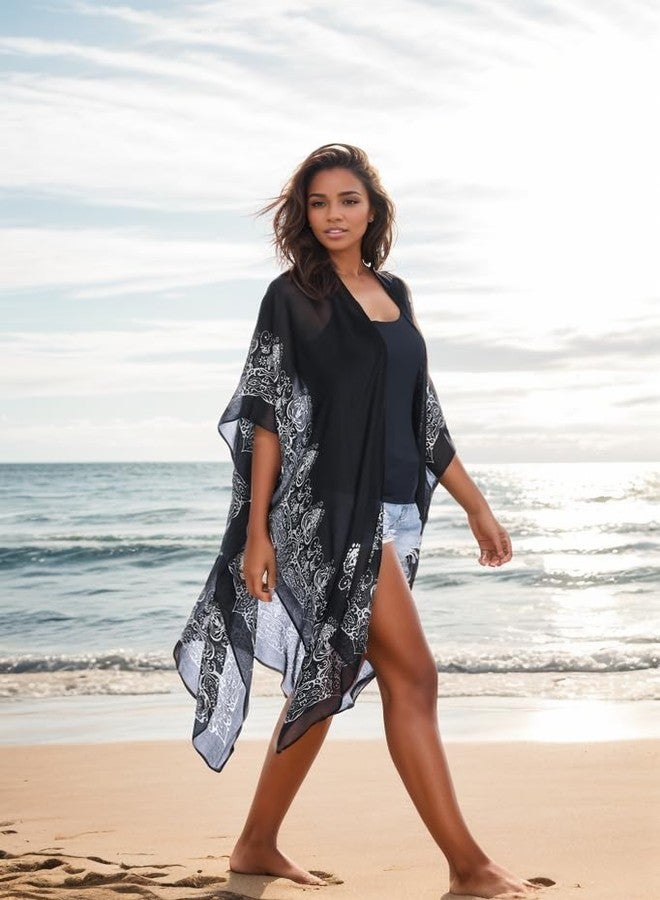 Moss Rose Women's Beach Cover up Swimsuit Kimono Cardigan with Bohemian Floral Print - Image 2
